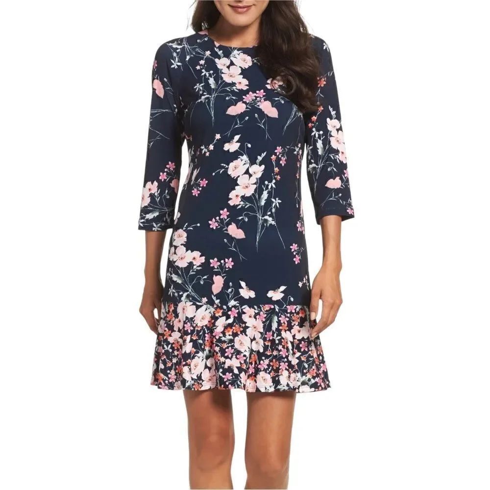 Eliza J Navy Blue Floral Ruffled Stretch Summer Above the Knee Dress Sz 14